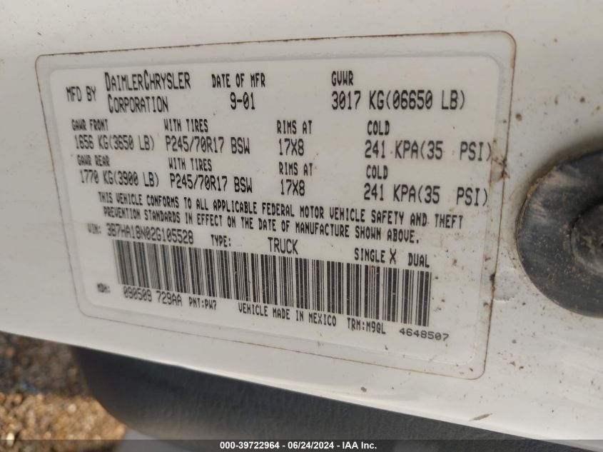 2002 Dodge Ram 1500 St VIN: 3B7HA18N02G105528 Lot: 39722964