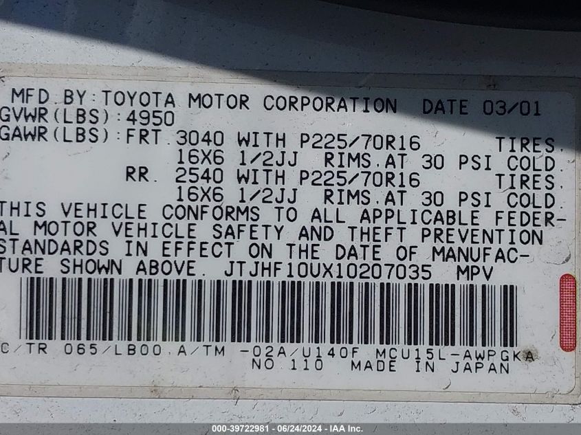 2001 Lexus Rx 300 VIN: JTJHF10UX10207035 Lot: 39722981