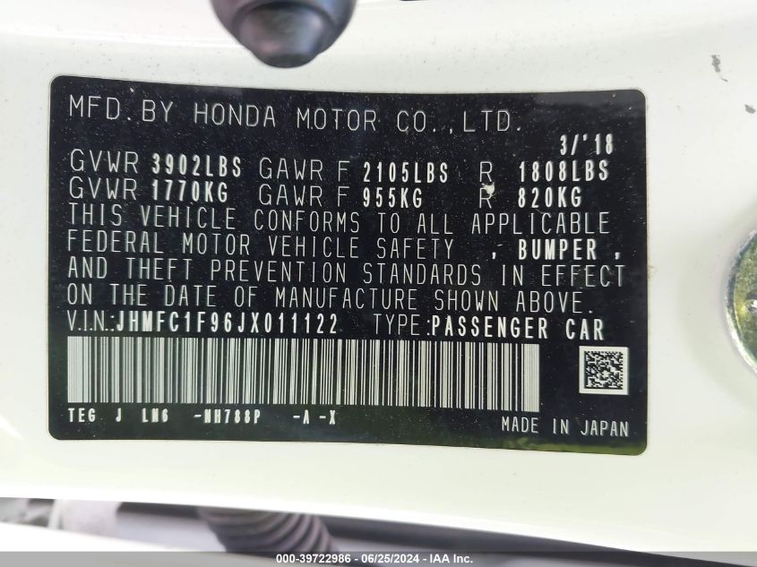 2018 Honda Civic Touring VIN: JHMFC1F96JX011122 Lot: 39722986
