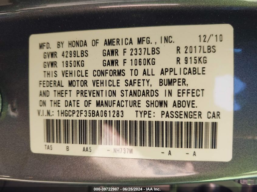 2011 Honda Accord 2.4 Lx VIN: 1HGCP2F35BA061283 Lot: 39722987