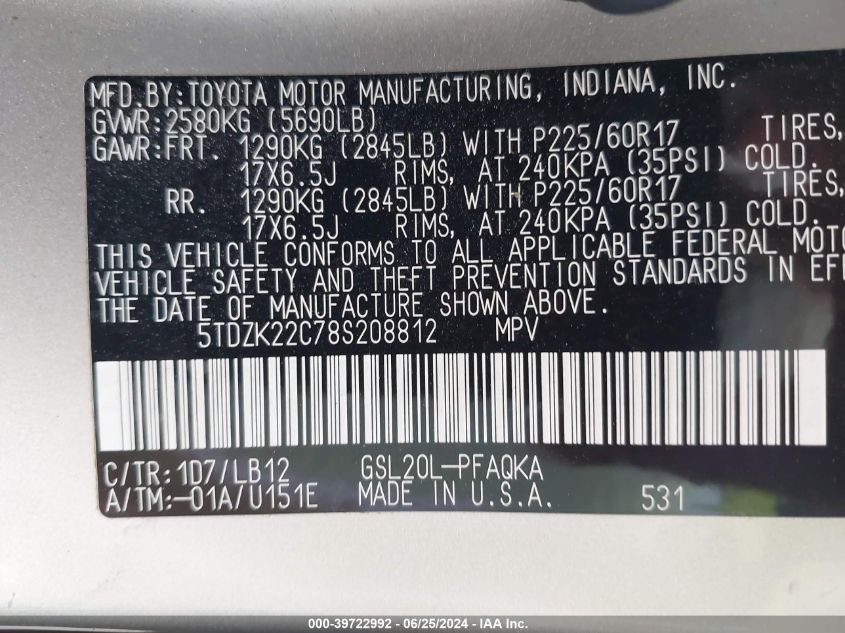 2008 Toyota Sienna Xle VIN: 5TDZK22C78S208812 Lot: 39722992