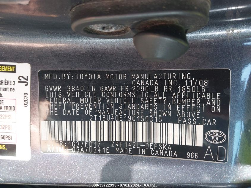 2009 Toyota Corolla S VIN: 2T1BU40E19C150315 Lot: 39722995