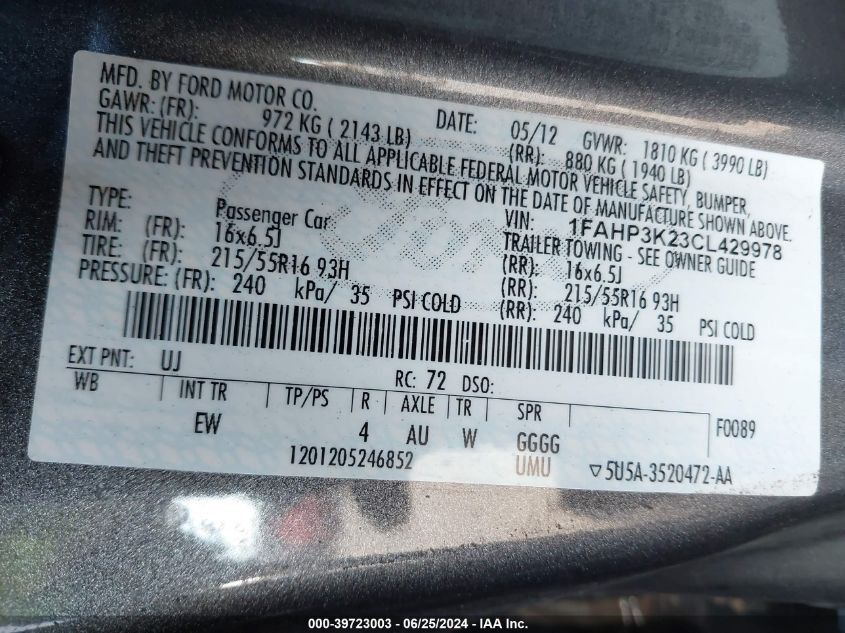 2012 Ford Focus Se VIN: 1FAHP3K23CL429978 Lot: 39723003