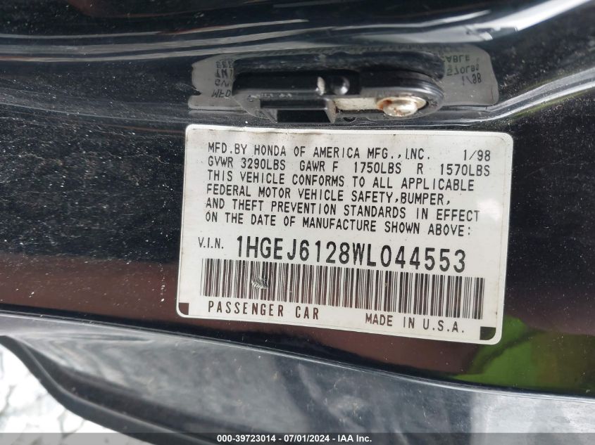 1998 Honda Civic Dx VIN: 1HGEJ6128WL044553 Lot: 39723014