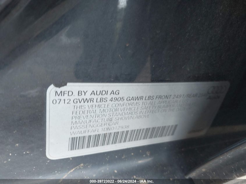 2013 Audi A4 2.0T Premium VIN: WAUFFAFL1DN012938 Lot: 39723022