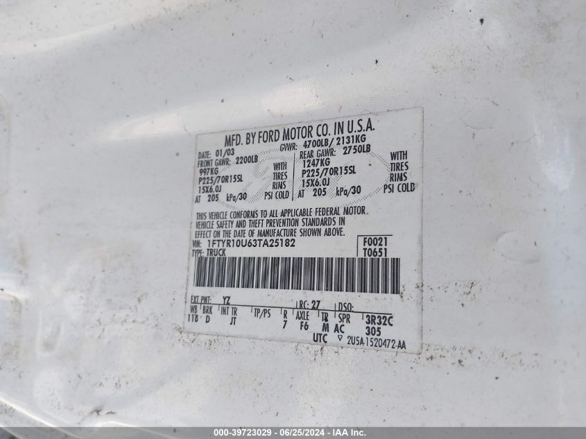 2003 Ford Ranger Edge/Xl/Xlt VIN: 1FTYR10U63TA25182 Lot: 39723029