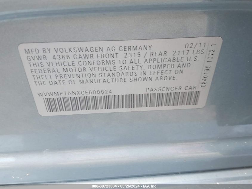 2012 Volkswagen Cc Sport VIN: WVWMP7ANXCE508824 Lot: 39723034