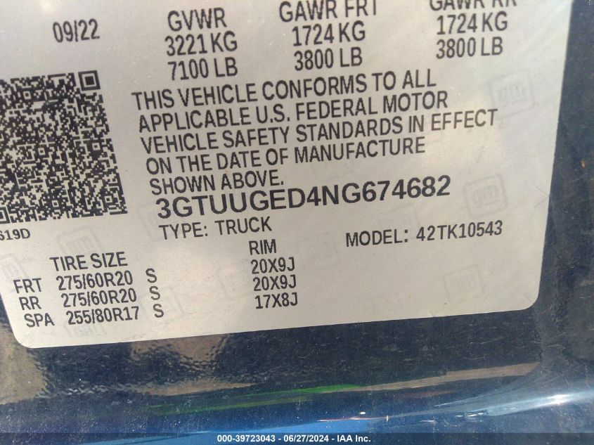 2022 GMC Sierra 1500 4Wd Short Box Denali VIN: 3GTUUGED4NG674682 Lot: 39723043