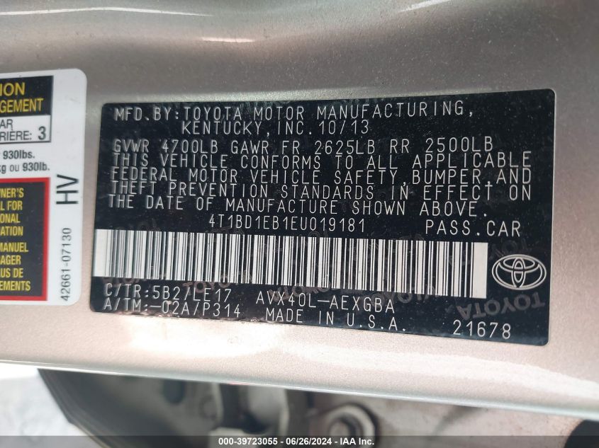 2014 Toyota Avalon Hybrid Xle Touring VIN: 4T1BD1EB1EU019181 Lot: 39723055