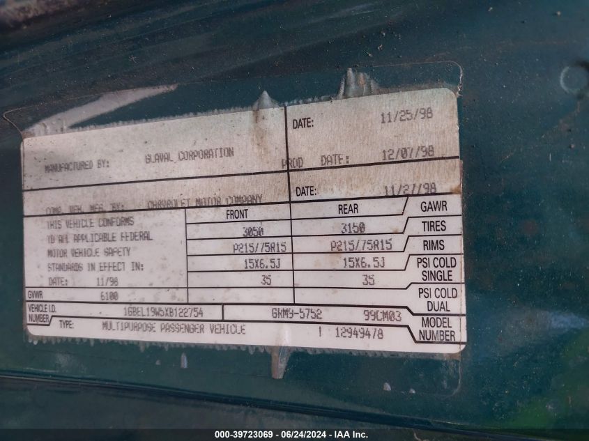 1999 Chevrolet Astro Upfitter Pkg. VIN: 1GBEL19W5XB122754 Lot: 39723069