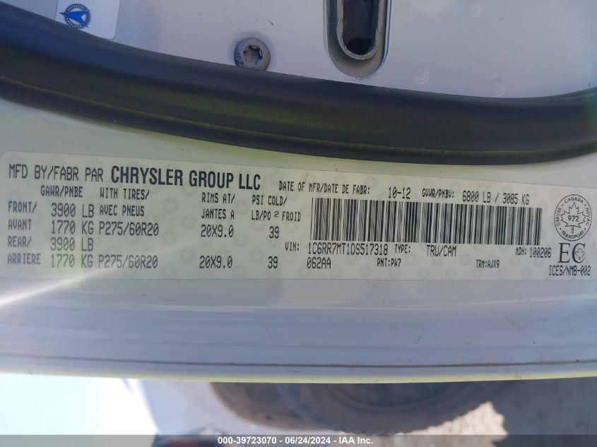 2013 Ram 1500 Sport VIN: 1C6RR7MT1DS517318 Lot: 39723070