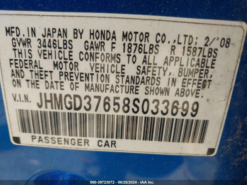 JHMGD37658S033699 | 2008 HONDA FIT