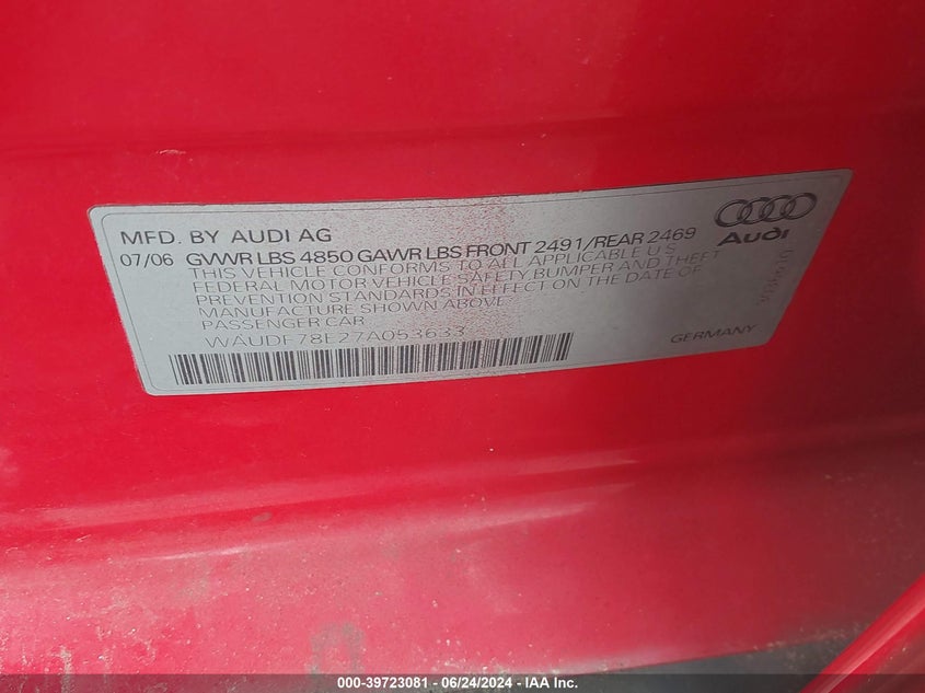 2007 Audi A4 2.0T VIN: WAUDF78E27A053633 Lot: 39723081