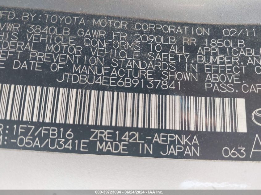 2011 Toyota Corolla Le VIN: JTDBU4EE6B9137841 Lot: 39723094