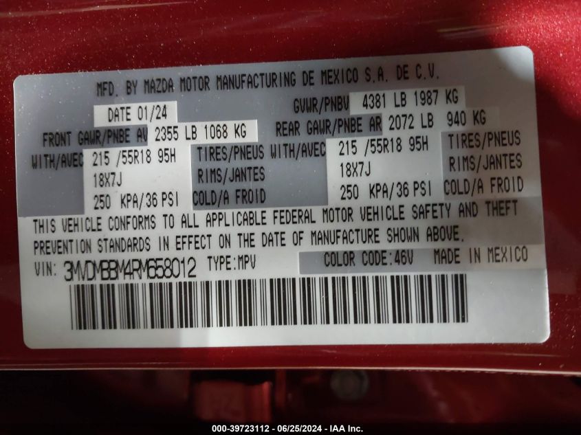 2024 Mazda Cx-30 2.5 S Select Sport VIN: 3MVDMBBM4RM658012 Lot: 39723112