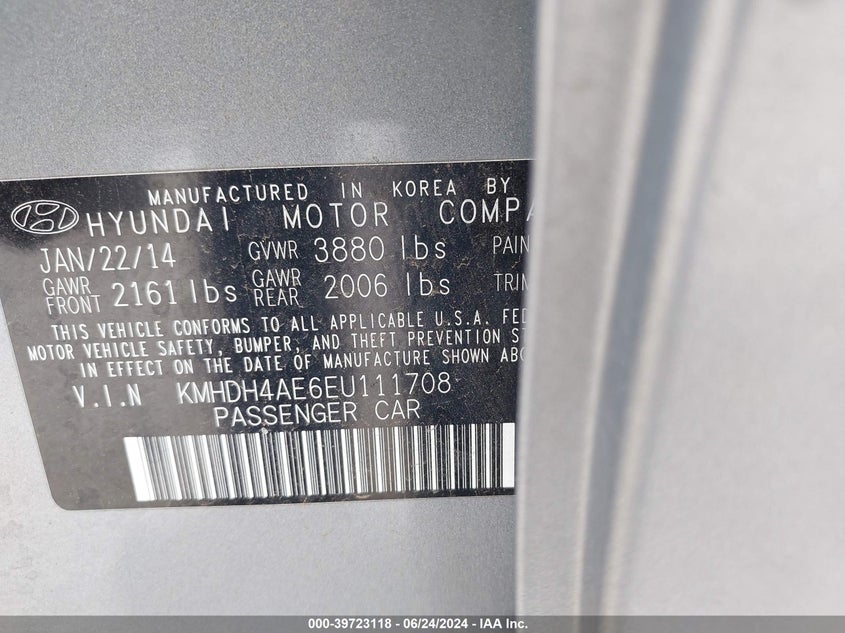 2014 Hyundai Elantra Se VIN: KMHDH4AE6EU111708 Lot: 39723118
