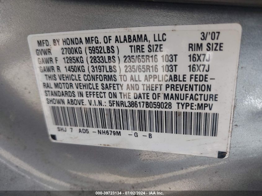 2007 Honda Odyssey Ex-L VIN: 5FNRL38617B059028 Lot: 39723134