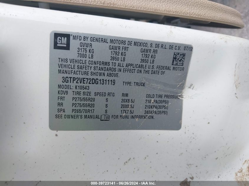 2013 GMC Sierra K1500 Sle VIN: 3GTP2VE72DG131119 Lot: 39723141