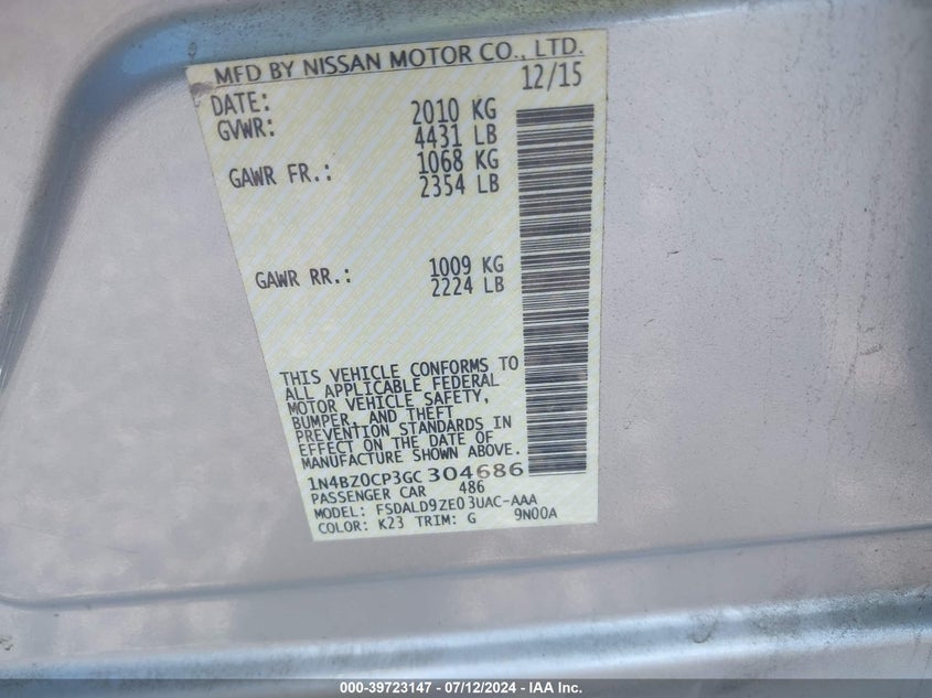 2016 Nissan Leaf Sv VIN: 1N4BZ0CP3GC304686 Lot: 39723147