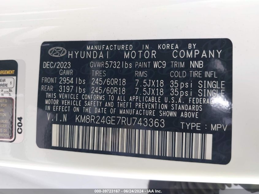 2024 Hyundai Palisade Sel VIN: KM8R24GE7RU743363 Lot: 39723167