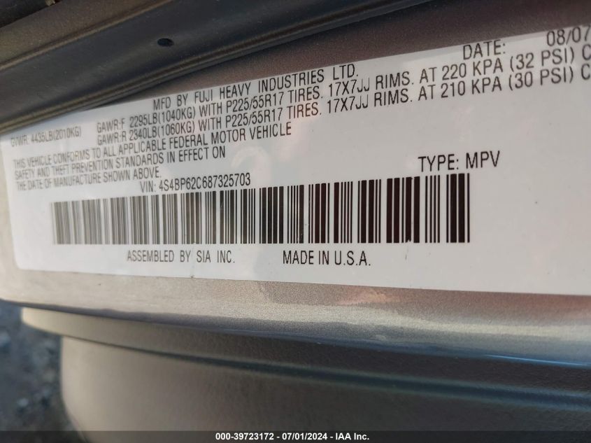 2008 Subaru Outback 2.5I Limited/2.5I Limited L.l. Bean Edition VIN: 4S4BP62C687325703 Lot: 39723172