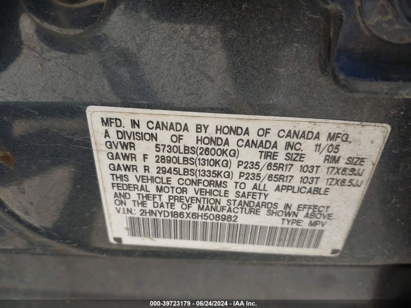 2006 Acura Mdx VIN: 2HNYD186X6H508982 Lot: 39723179