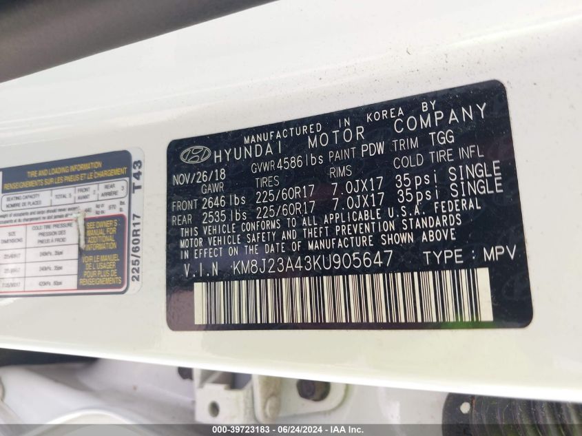2019 Hyundai Tucson Se VIN: KM8J23A43KU905647 Lot: 39723183