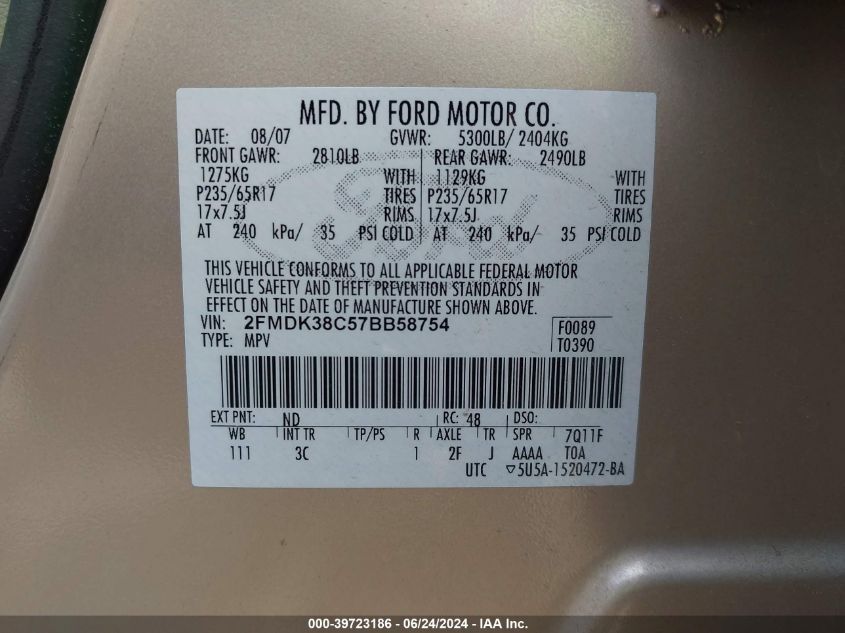 2007 Ford Edge Sel VIN: 2FMDK38C57BB58754 Lot: 39723186