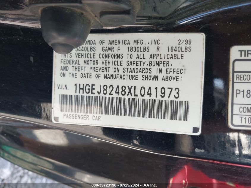 1999 Honda Civic Ex VIN: 1HGEJ8248XL041973 Lot: 39723196