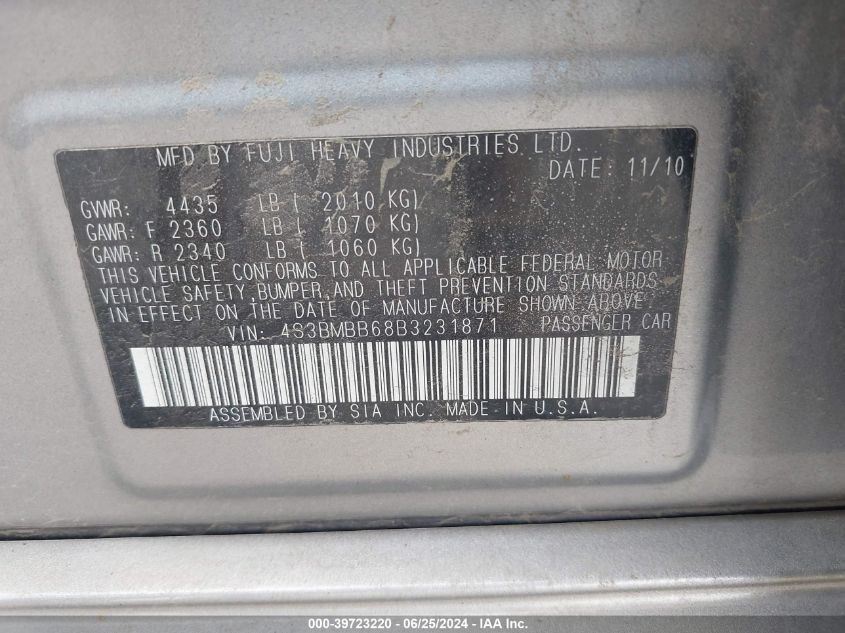 2011 Subaru Legacy 2.5I Premium VIN: 4S3BMBB68B3231871 Lot: 39723220
