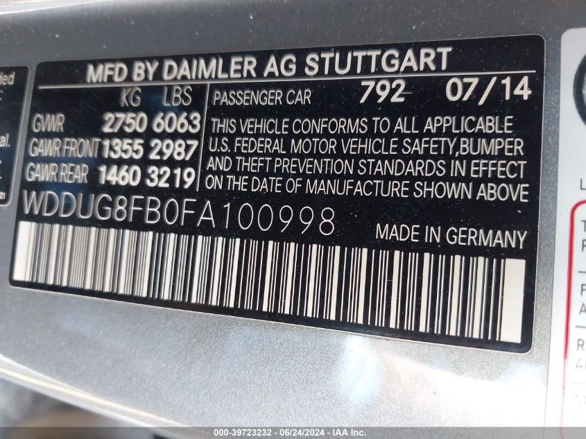 2015 Mercedes-Benz S 550 4Matic VIN: WDDUG8FB0FA100998 Lot: 39723232