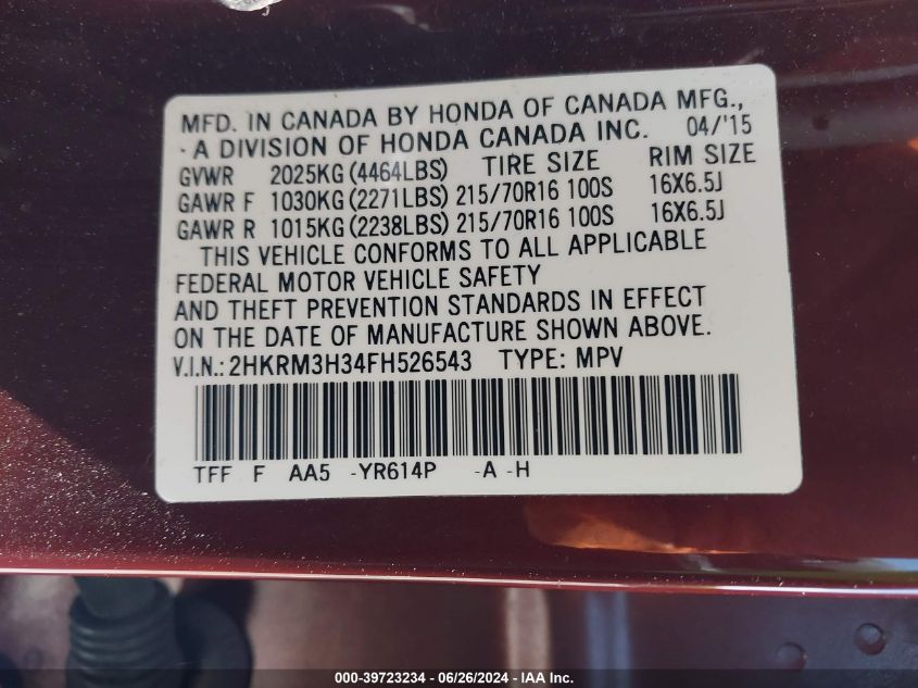 2015 Honda Cr-V Lx VIN: 2HKRM3H34FH526543 Lot: 39723234