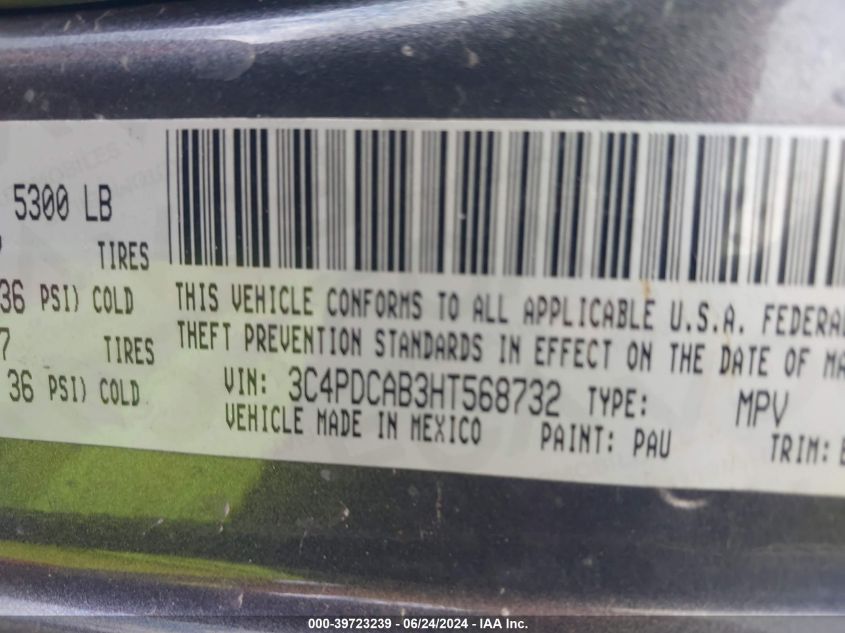 2017 Dodge Journey Se VIN: 3C4PDCAB3HT568732 Lot: 39723239