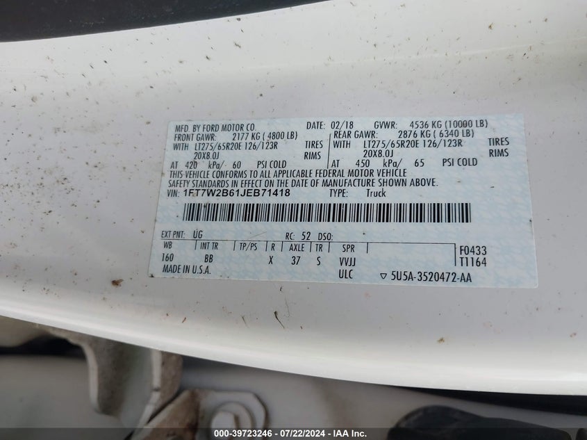 2018 Ford F-250 Platinum VIN: 1FT7W2B61JEB71418 Lot: 39723246