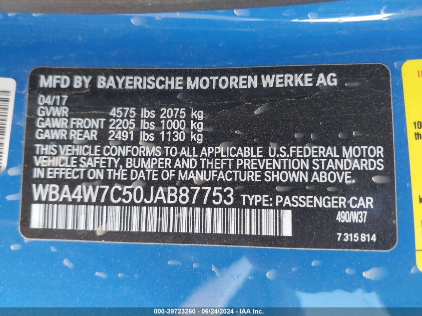 2018 BMW 440I VIN: WBA4W7C50JAB87753 Lot: 39723260