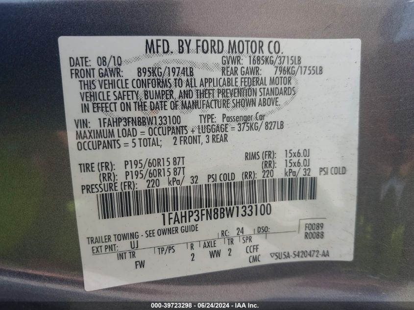 2011 Ford Focus Se VIN: 1FAHP3FN8BW133100 Lot: 39723298