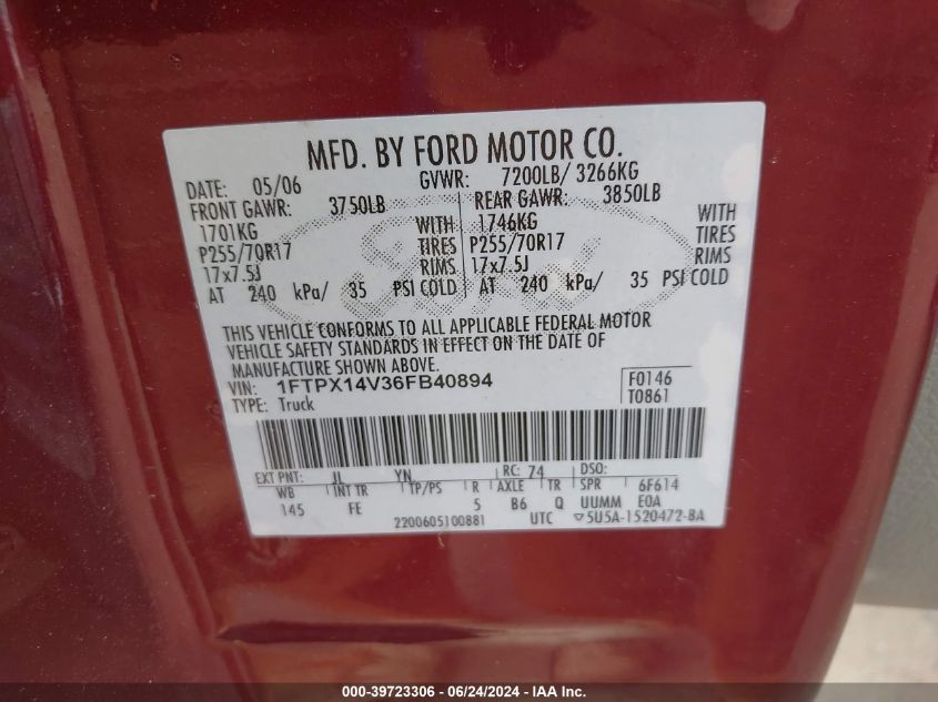 2006 Ford F-150 Fx4/Lariat/Xl/Xlt VIN: 1FTPX14V36FB40894 Lot: 39723306