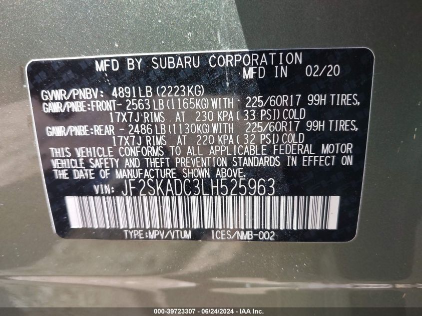 2020 Subaru Forester VIN: JF2SKADC3LH525963 Lot: 39723307