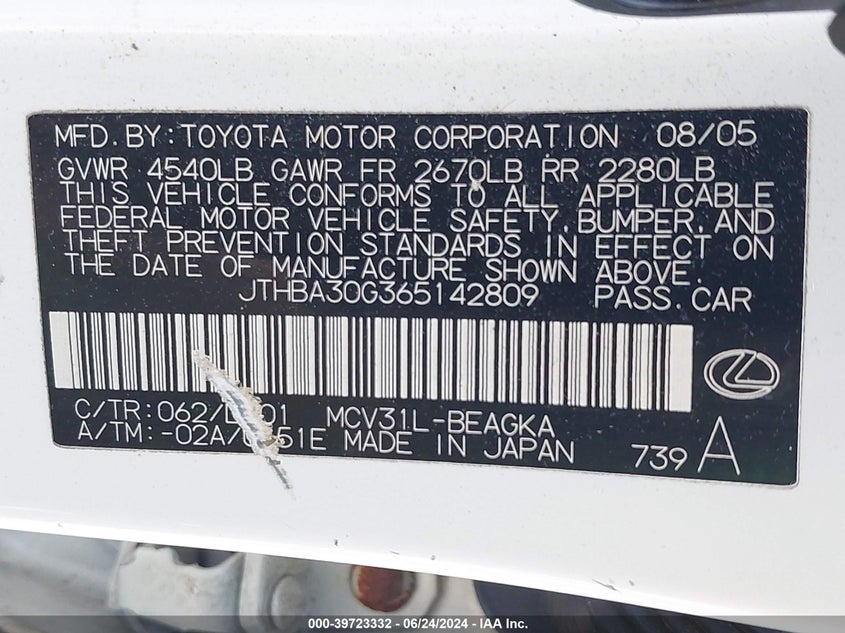 2006 Lexus Es 330 VIN: JTHBA30G365142809 Lot: 39723332