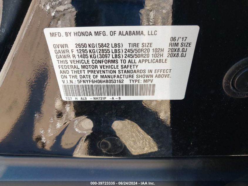 2017 Honda Pilot Elite VIN: 5FNYF6H06HB053162 Lot: 39723335