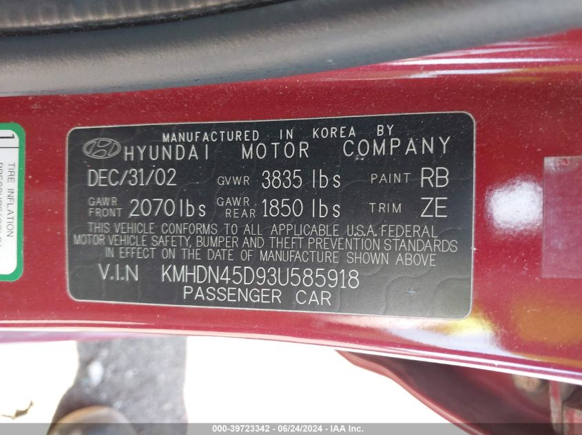 KMHDN45D93U585918 2003 Hyundai Elantra Gls/Gt