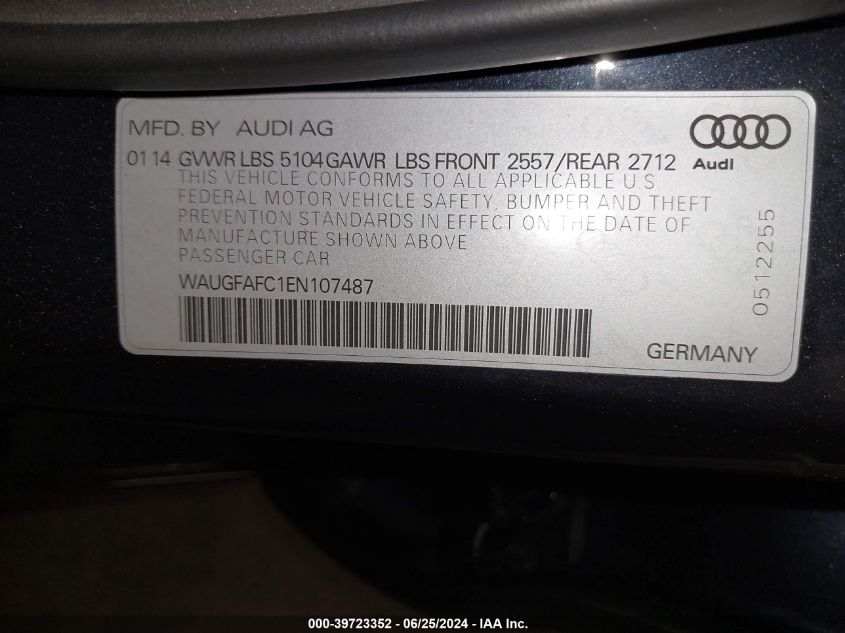 2014 Audi A6 2.0T Premium VIN: WAUGFAFC1EN107487 Lot: 39723352