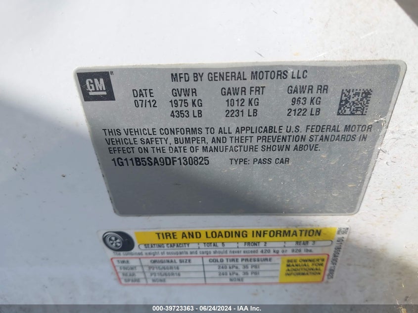 2013 Chevrolet Malibu 1Ls VIN: 1G11B5SA9DF130825 Lot: 39723363