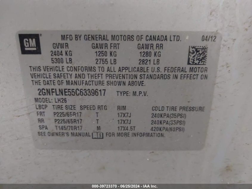 2012 Chevrolet Equinox 2Lt VIN: 2GNFLNE55C6339617 Lot: 39723370