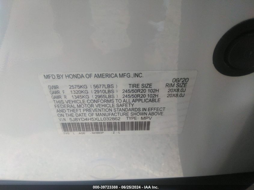 2020 Acura Mdx Technology Package VIN: 5J8YD4H5XLL032862 Lot: 39723388