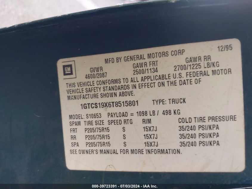 1996 GMC Sonoma VIN: 1GTCS19X6T8515801 Lot: 39723391