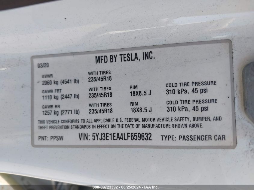 2020 Tesla Model 3 VIN: 5YJ3E1EA4LF659632 Lot: 39723392