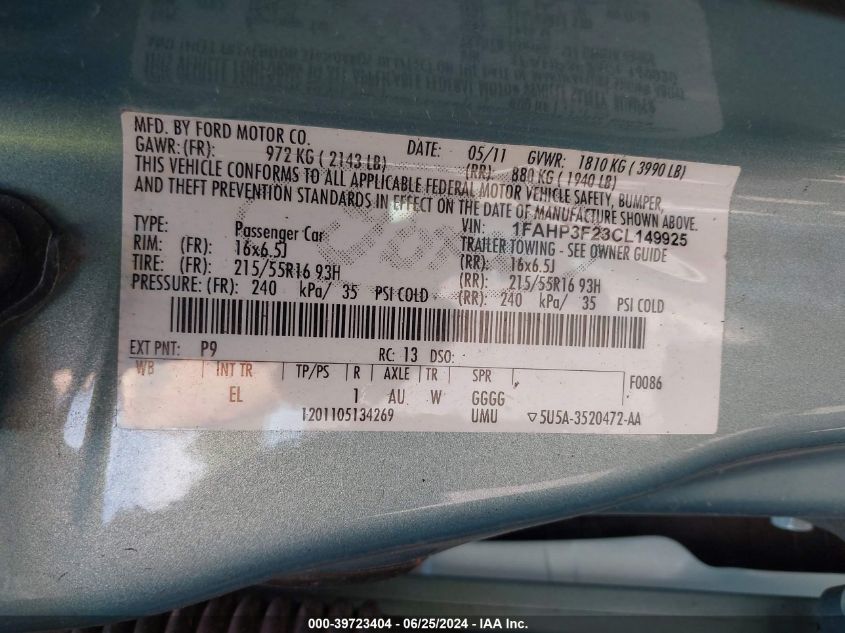 1FAHP3F23CL149925 | 2012 FORD FOCUS