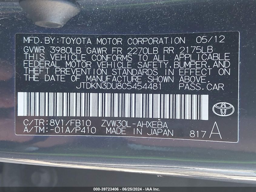 2012 Toyota Prius Two VIN: JTDKN3DU8C5454481 Lot: 39723406