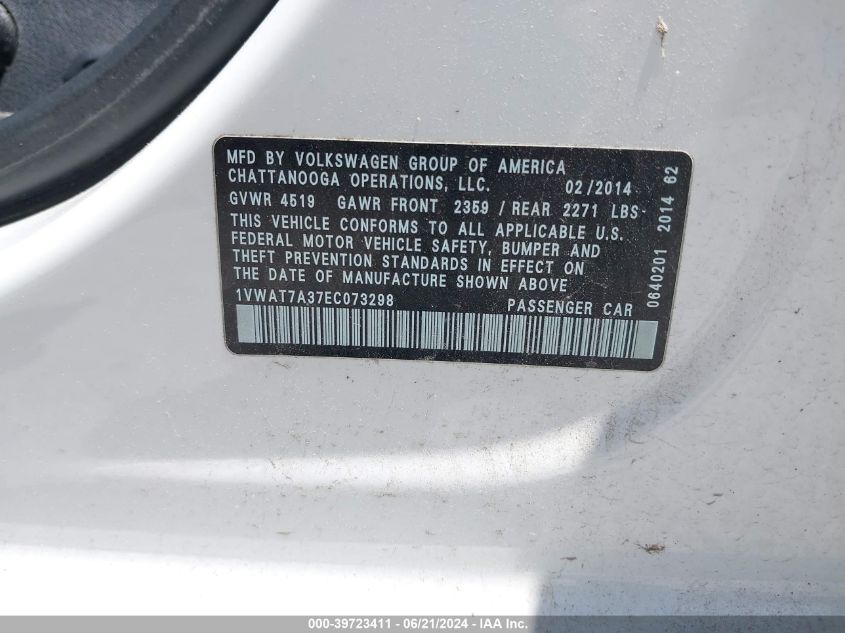 2014 Volkswagen Passat 1.8T Wolfsburg Edition VIN: 1VWAT7A37EC073298 Lot: 39723411